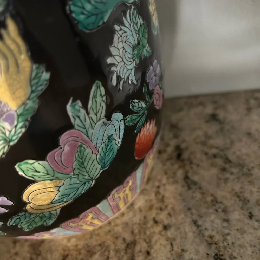 Chinese Famille Noir Foo Dog Ginger Jar with lid Vintage Chinoiserie decor MCM
